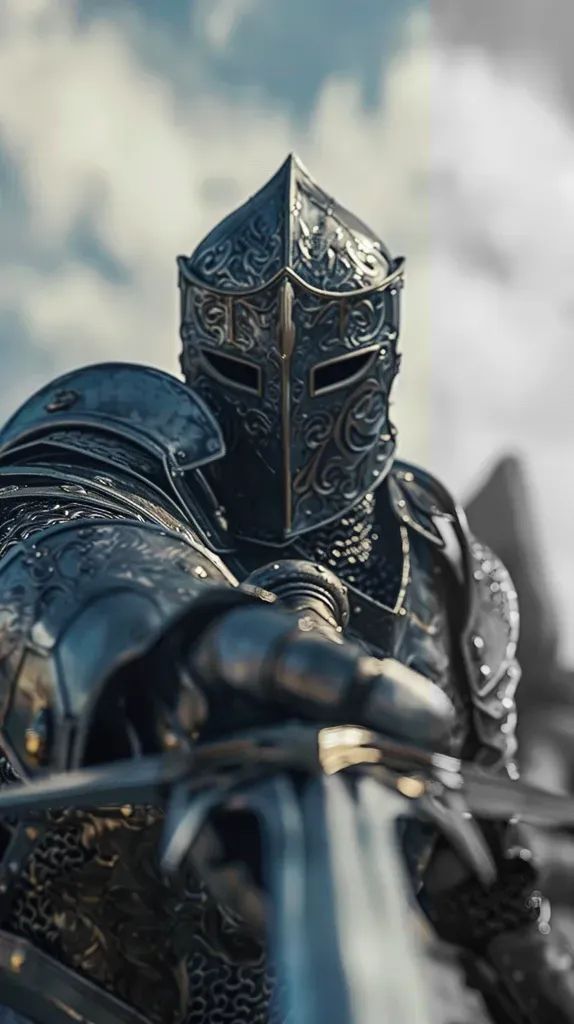 a close up of a man in armor on a motorcycle with clouds in the background