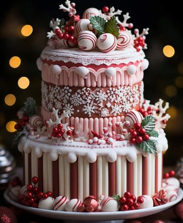 a three tiered cake decorated with candy canes and holly berries on a plate