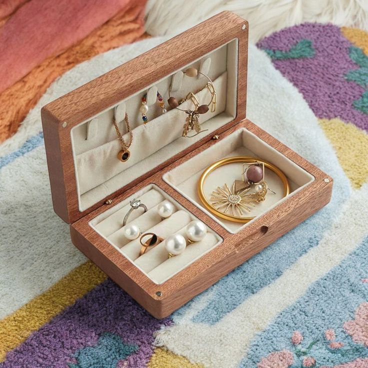 an open wooden box with jewelry inside on a rug