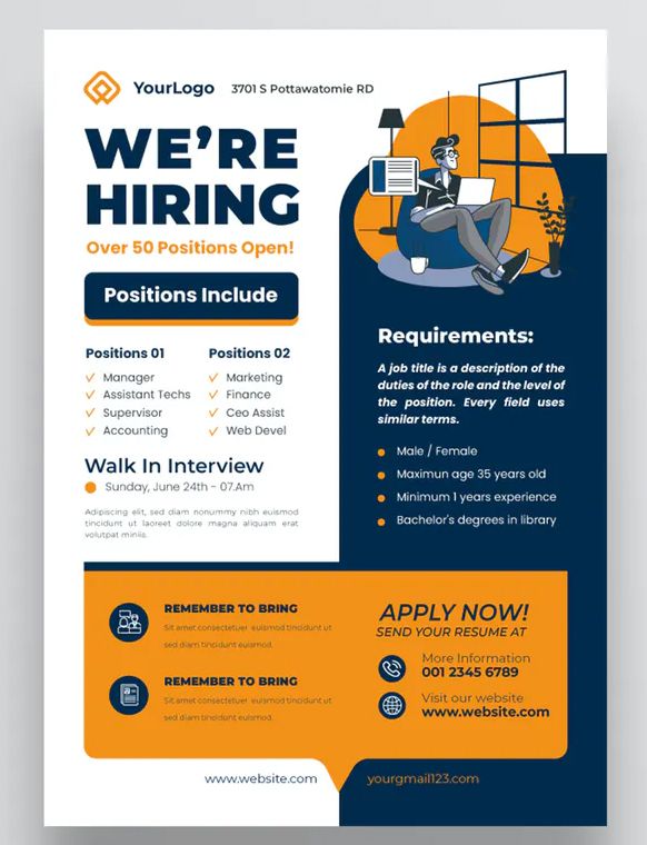 an orange and blue flyer for a job interview