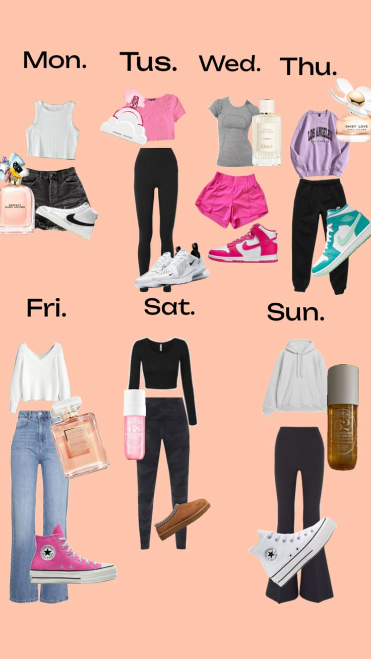 a pink background with different types of clothes and shoes on it, including the words mom tus wed thu fri satt sun