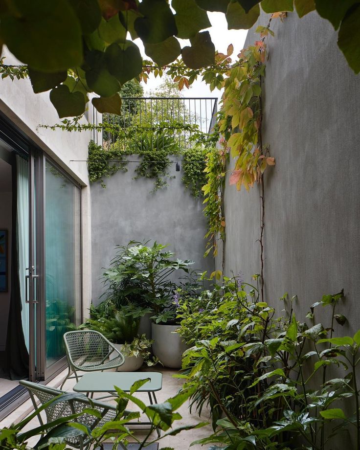 an outdoor patio with potted plants and chairs