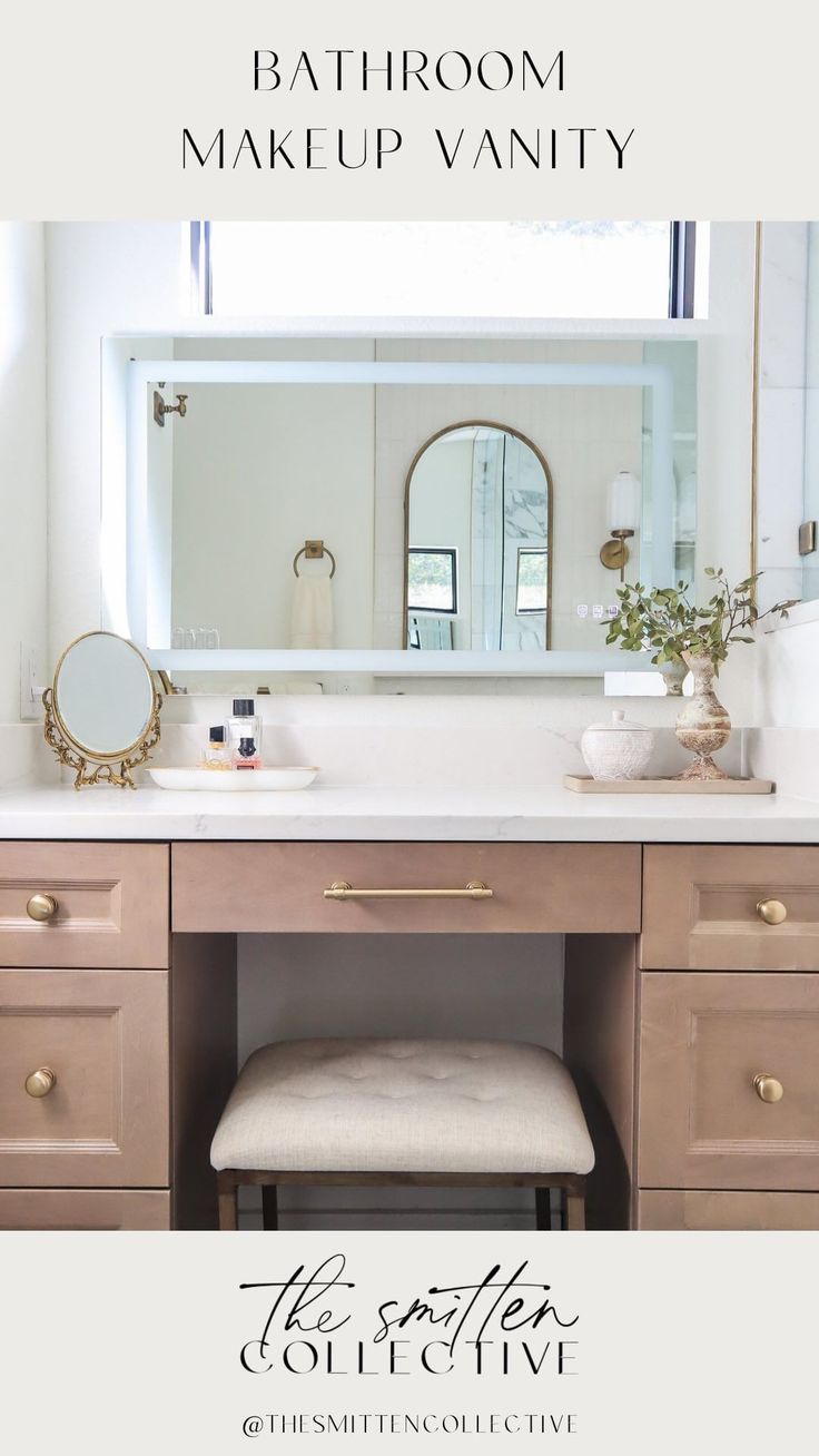 Bathroom Vanity Ideas For Makeup, Makeup Nook Bathroom, Bathroom Vanity With Chair Space, Primary Bathroom Makeup Vanity, Makeup Station In Bathroom, Bathroom Vanity Makeup Station, Built In Makeup Vanity In Bathroom, Bathroom Makeup Vanity Ideas, Bathroom Makeup Vanity