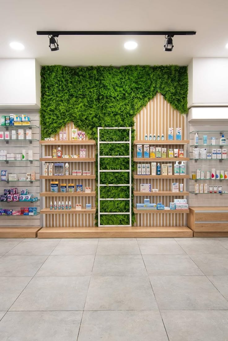 the inside of a pharmacy store with shelves filled with medicine bottles and plants growing on the wall