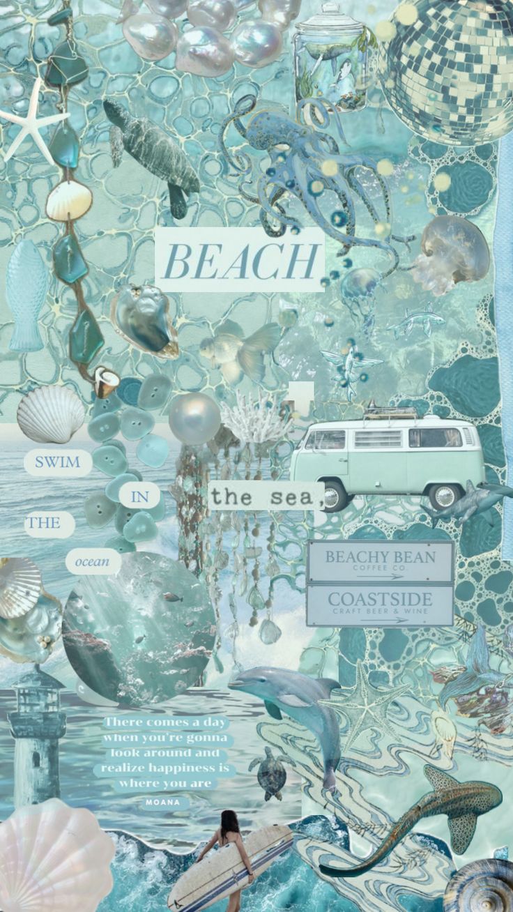 a collage of sea life with a bus, shells, and other things on it