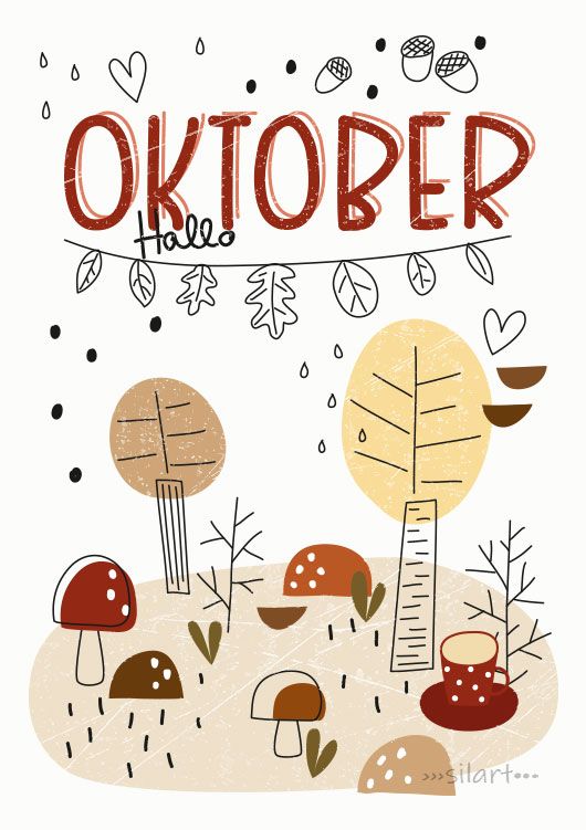 an illustration with the words oktober written in red and black on top of mushrooms