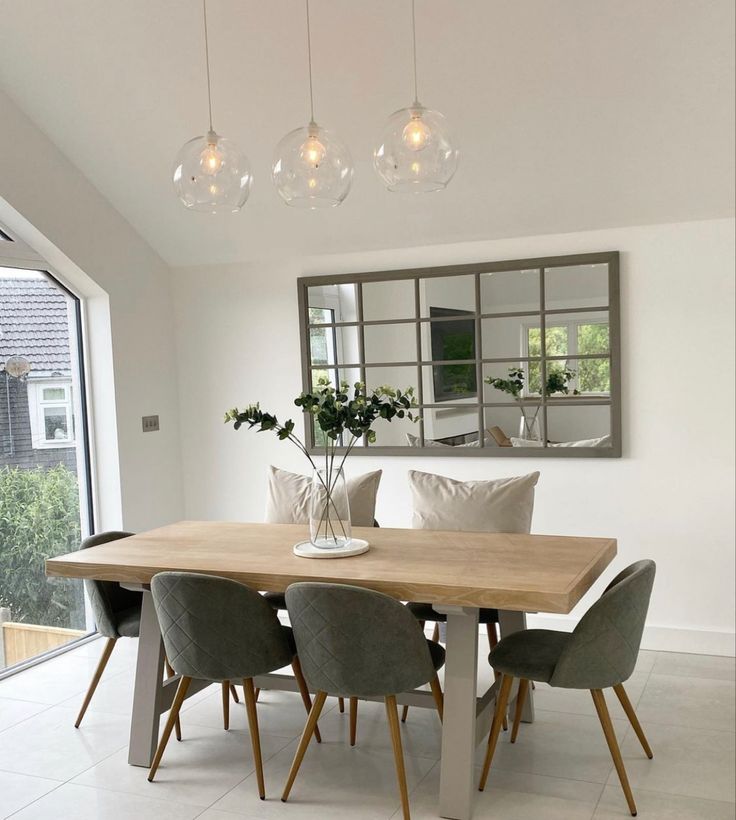 a dining room table and chairs in front of a large window