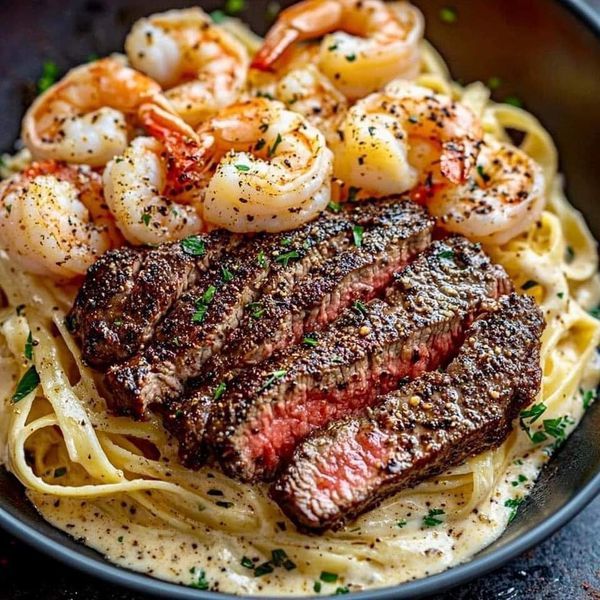 steak and shrimp with pasta in a black bowl