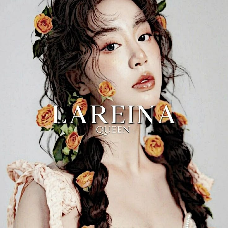 a woman with flowers in her hair and the words larena queen on it