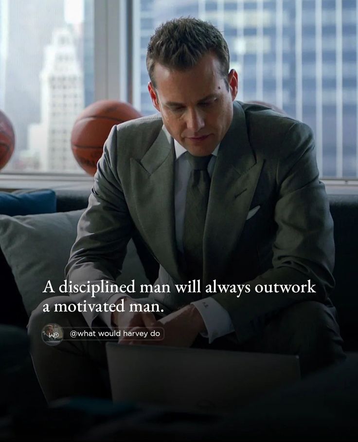 a man in a suit sitting on a couch looking at a laptop computer with the words, a displead man will always outwork