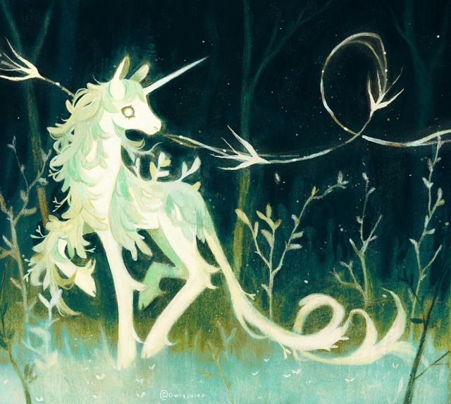 a painting of a unicorn sitting in the grass with its tail up and eyes closed