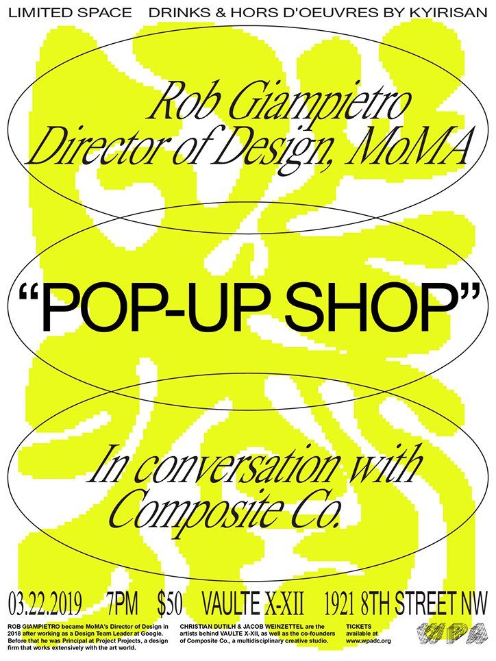 the poster for pop - up shop is shown in black and yellow, with an image of