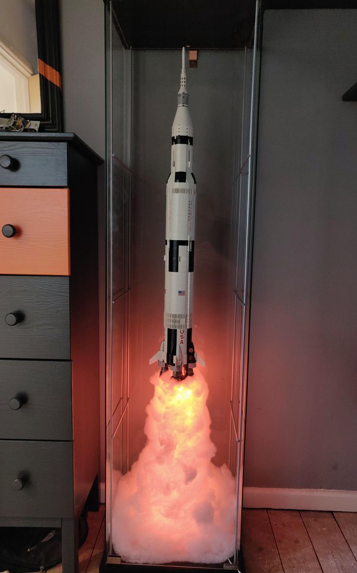 Lego Saturn V, Lego Lamp, Lego Display Ideas, Rocket Lamp, Saturn V, Lego Display, Lego Room, Gaming Room Setup, Game Room Design