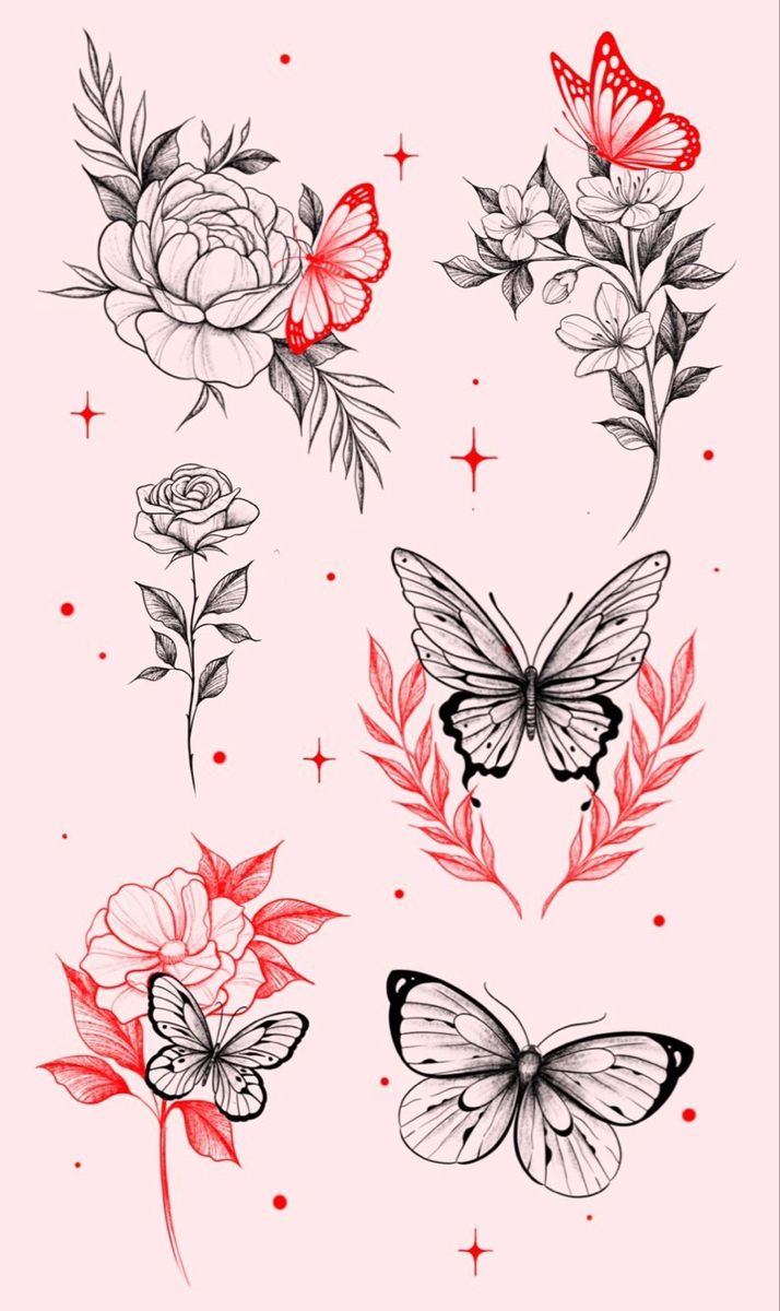 tattoos with roses and butterflies on them, one is red the other is black in color