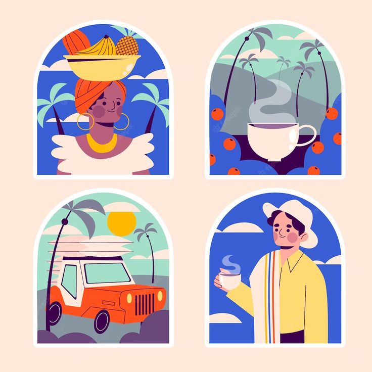 four stickers depicting different types of people with food and drinks in their hands, including an orange van