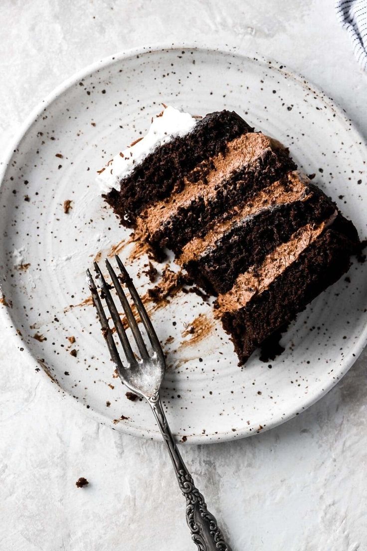 a piece of chocolate cake on a plate with a fork