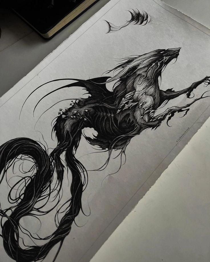 a drawing of a black and white dragon with long hair on it's back