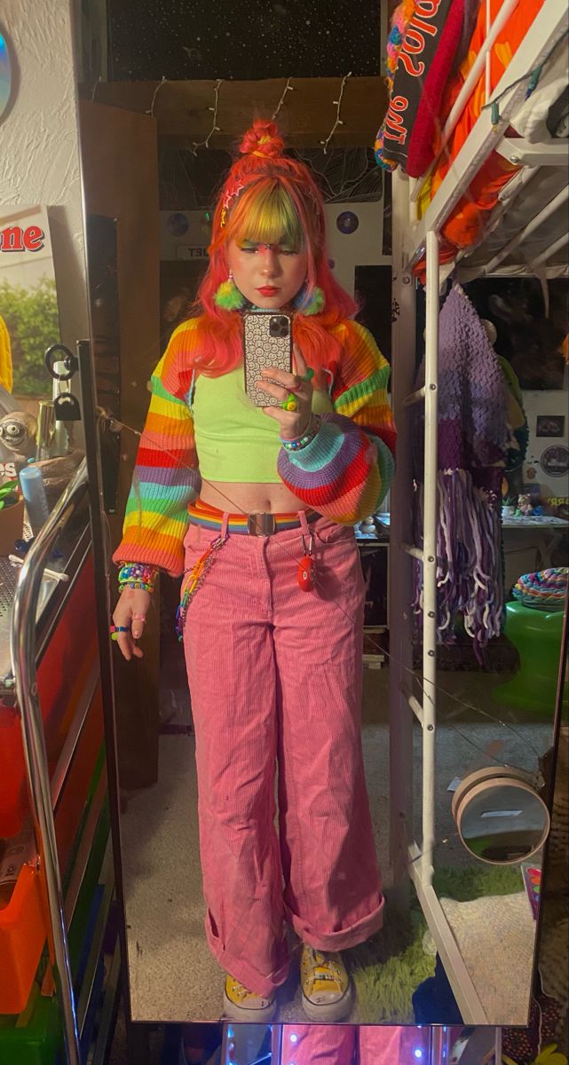 Rainbow Jeans Outfit, Rainbow Alt Outfits, Colourful Alt Outfits, Rainbow Clothes Aesthetic, Arcadecore Outfits, Rainbow Core Outfit, Rainbow Aesthetic Outfit, Primary Color Outfit, Dreamcore Aesthetic Outfits