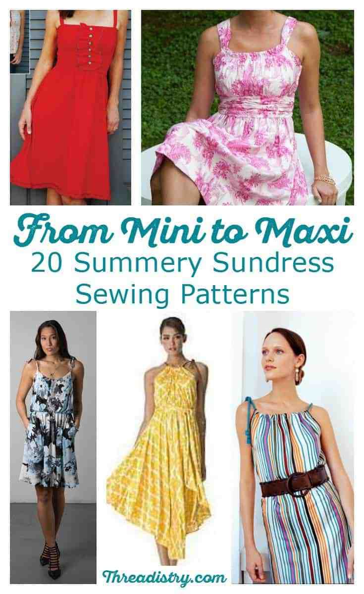 four different types of dresses with text that reads from min to maxi 20 summer sundress sewing patterns