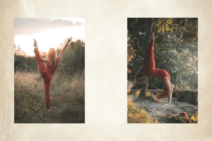 two pictures of a woman doing yoga in the woods, one with her hands up