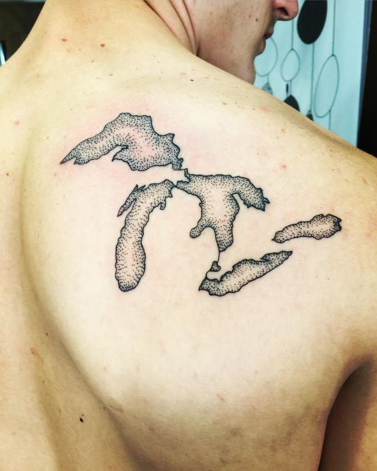 a man with a tattoo on his chest is looking at the map of the united states