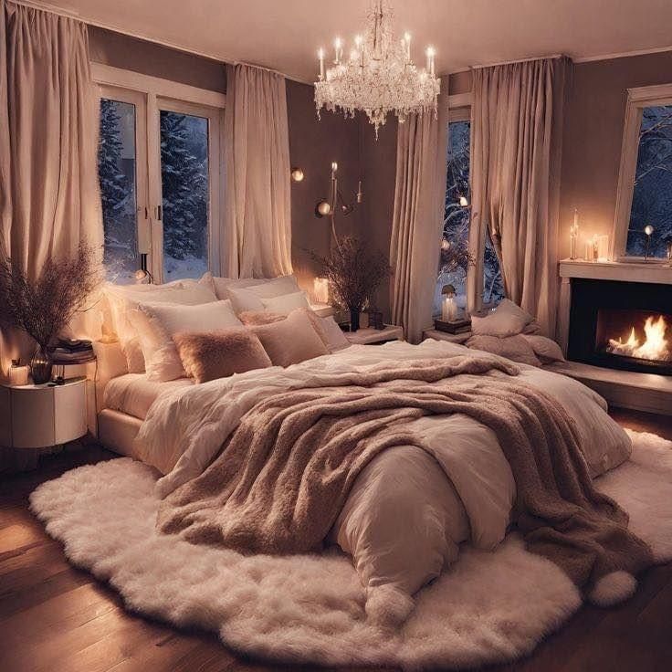 a bedroom with a large bed covered in blankets and pillows next to a fireplace filled with candles