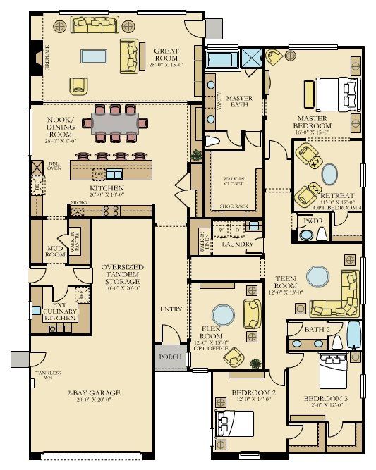 the floor plan for a two story home with three bedroom and an attached garage area