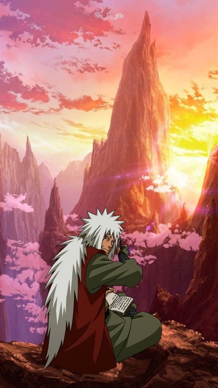 an anime character sitting on top of a mountain