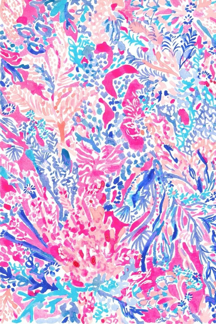 an abstract floral pattern in pink, blue and green