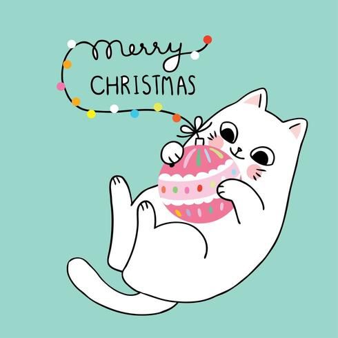 a white cat with a christmas ornament on it's back and the words merry christmas above it