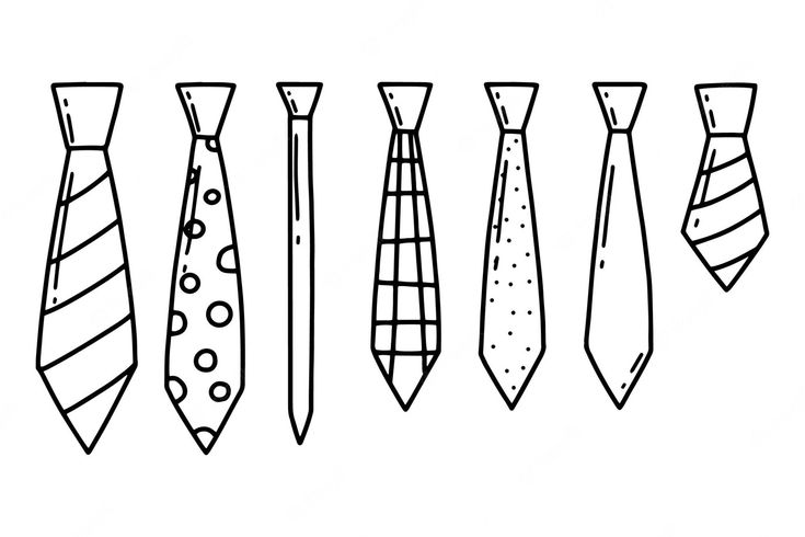 a line up of different neck ties in black and white, on a white background