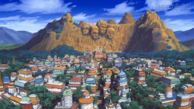 an animated city with mountains in the background and blue skies above it, as well as clouds