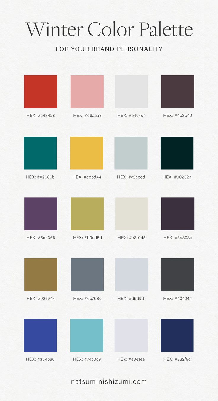 Winter Color Palette Ideas for Your Brand Personality — Natsumi Nishizumi Design Winter Colours Palette, Color Palette Winter 2024/2025, Neutral Winter Color Palette, Winter Color Analysis Palette, Winter Colour Palette Fashion, Winter Pallet Color, Winter Palette Colors, Winter Season Color Palette, Winter Colors Palette