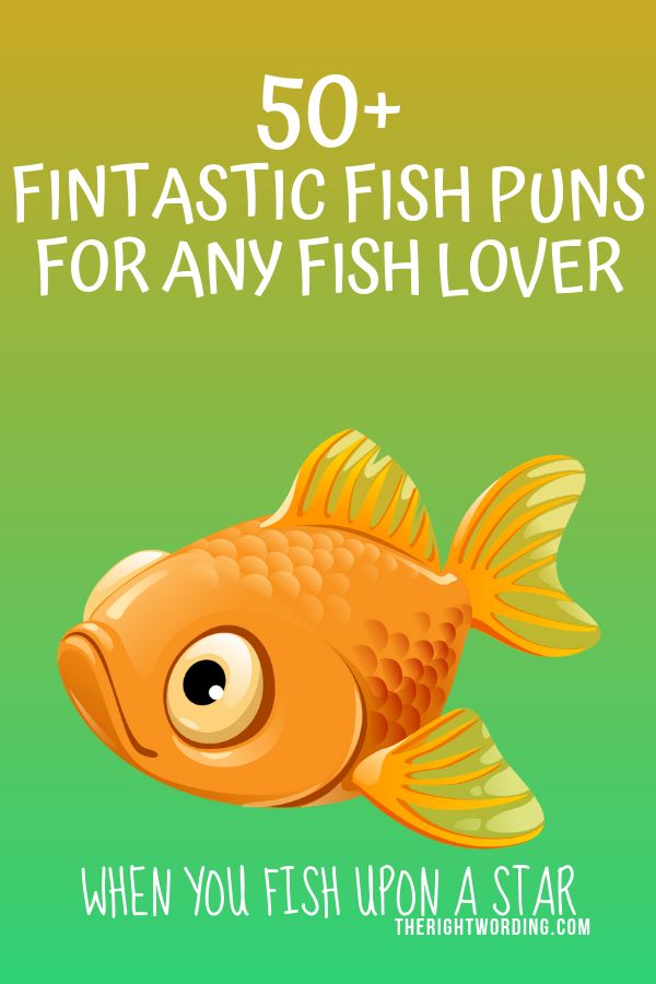 a goldfish with the words 50 + fantastic fish puns for any fish lover