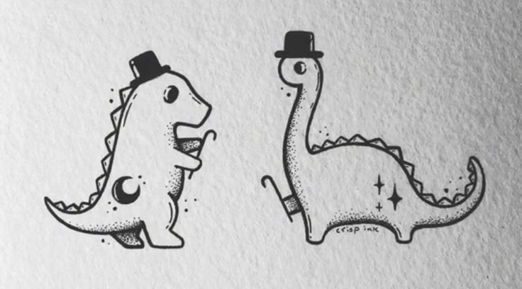 two drawings of dinosaurs wearing hats and tails