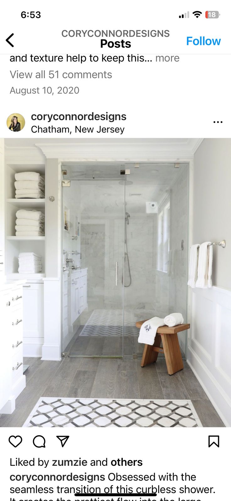 a bathroom with white walls and wood flooring is featured on the instagram page