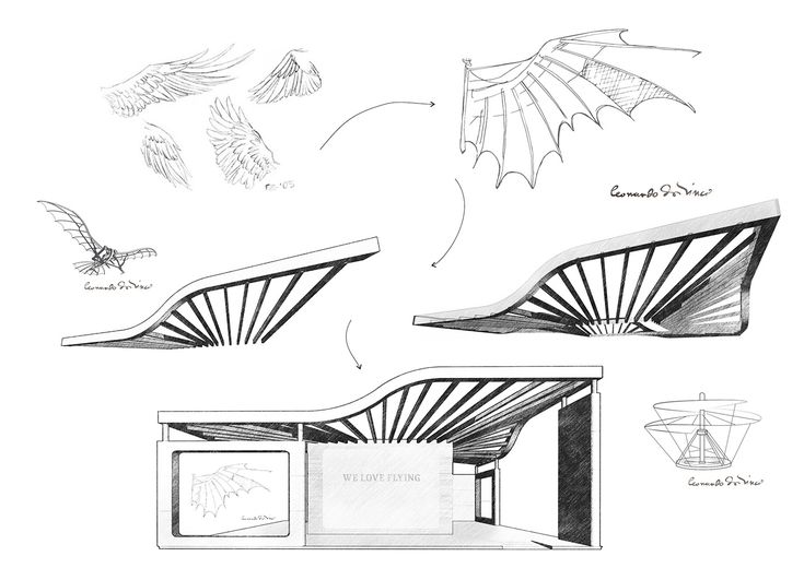 an architectural drawing shows the design for a building with wings flying above it and on top of