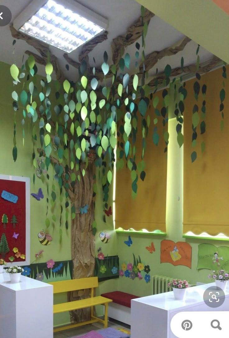 a room with green walls and trees on the ceiling, windows in the wall are decorated with paper cut outs