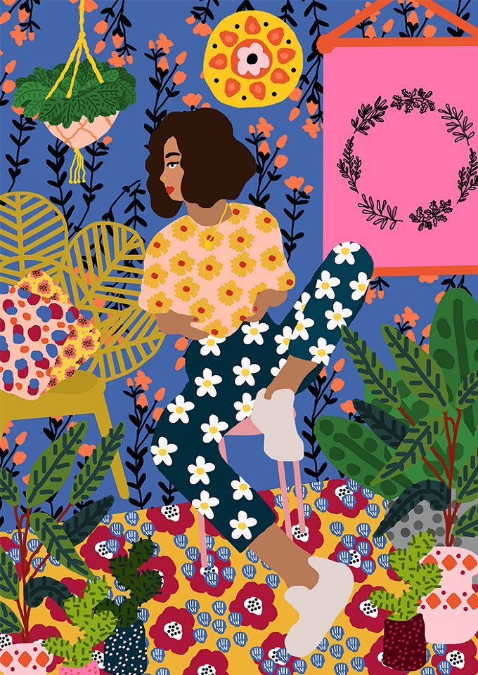 an illustration of a woman surrounded by flowers and plants