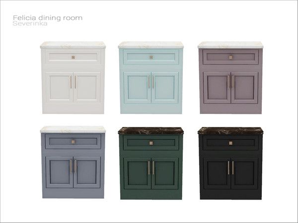 six different colors of cabinets with marble top