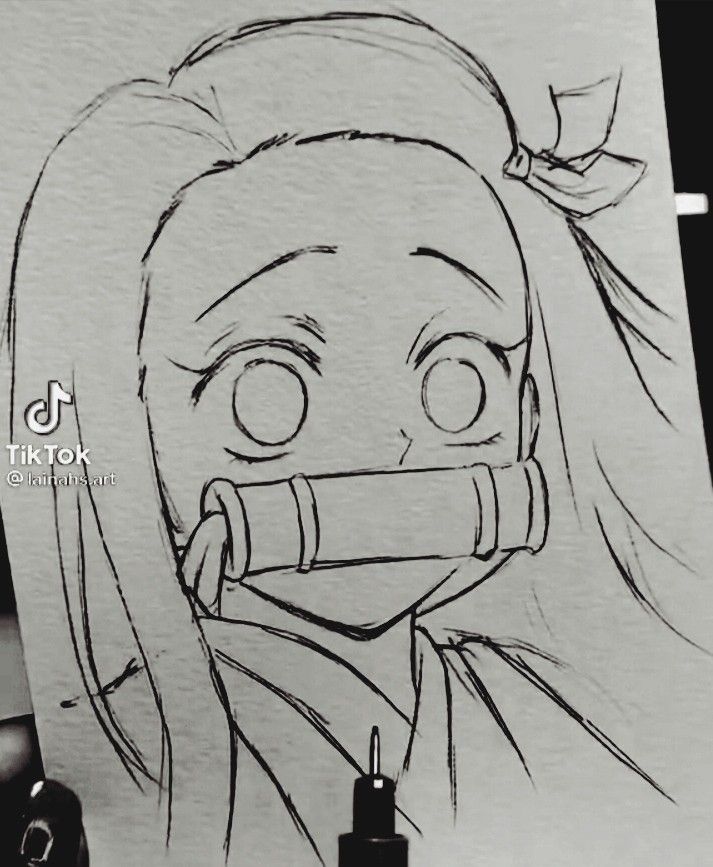 a drawing of a girl with long hair holding a pencil in front of her face