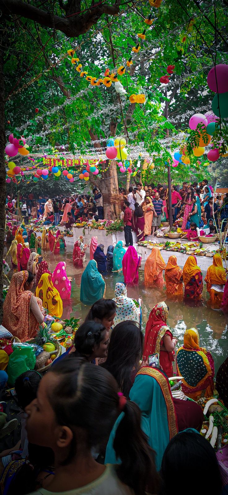 a group of people sitting on the ground in front of trees