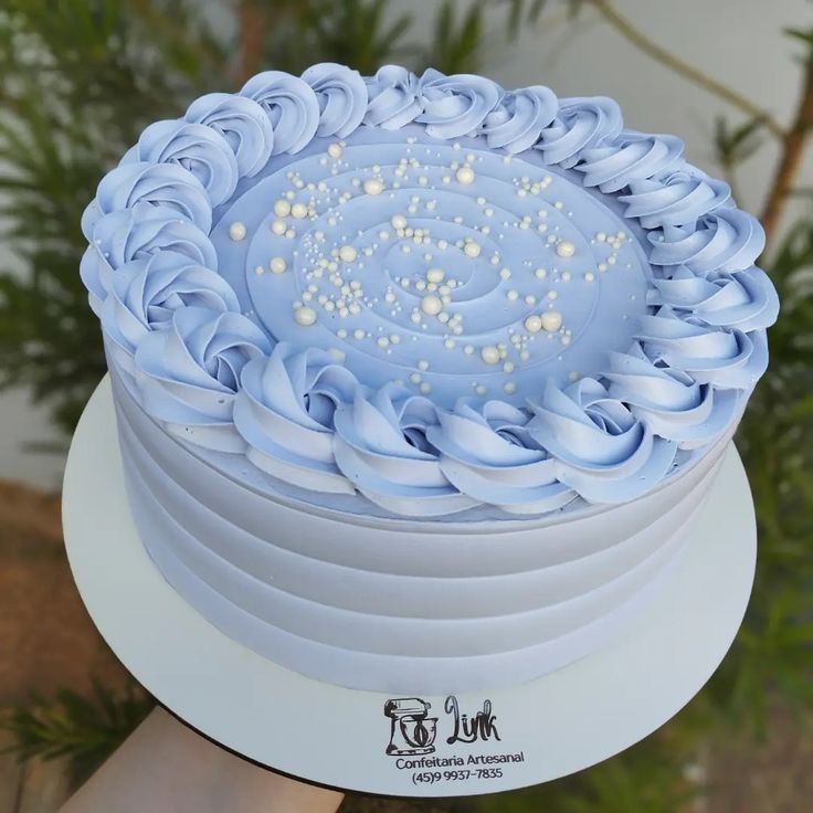 there is a blue cake with white frosting on it