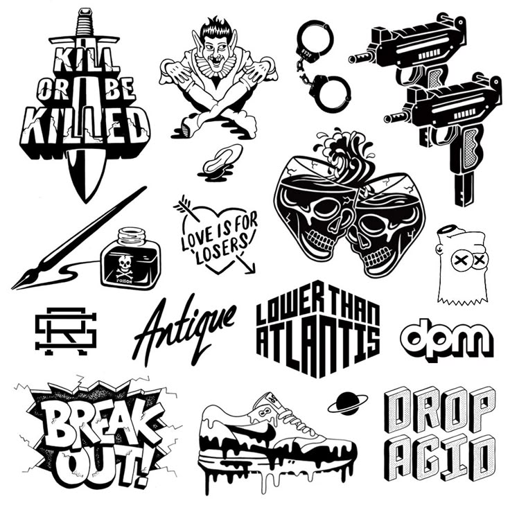 various tattoo stickers are shown in black and white