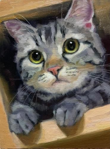 a painting of a cat with big eyes looking out from behind a wooden ledge,