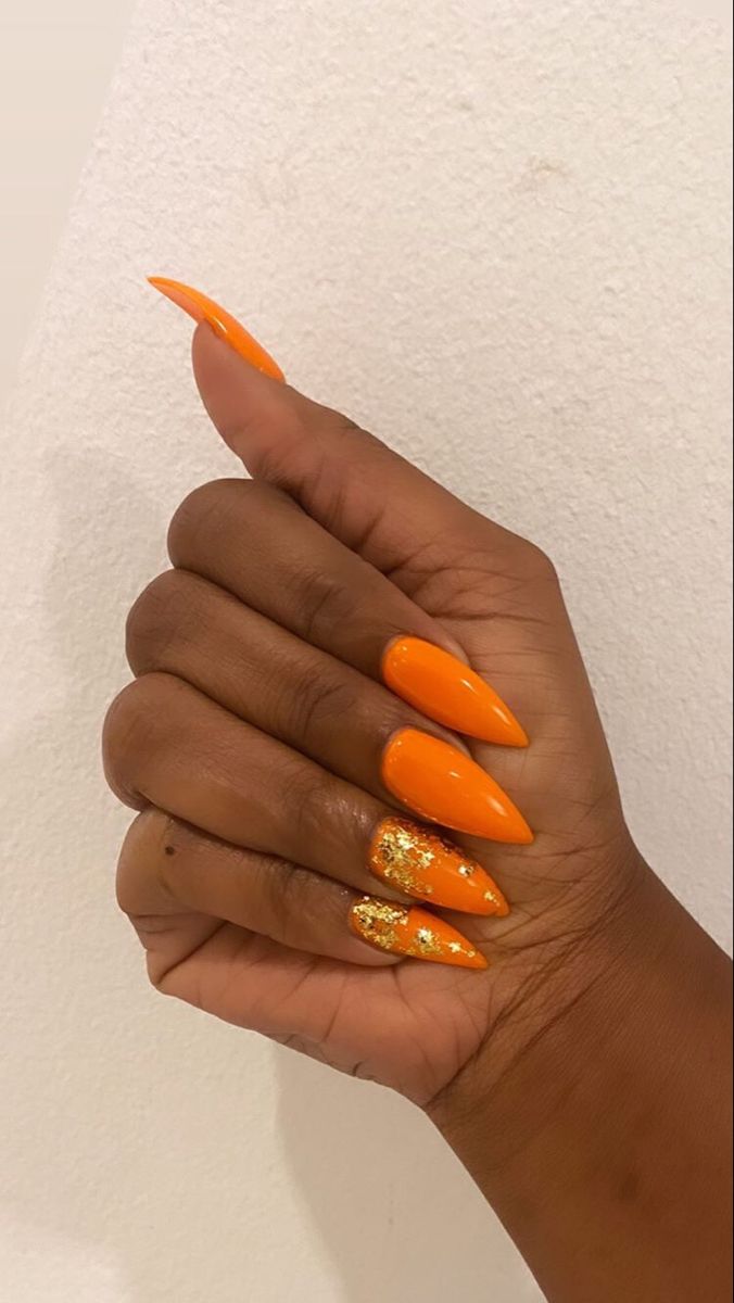 Orange Foil Nails, Orange Nails With Gold Foil, Orange Stiletto Nails, Orange And Gold Nails, Nail Designs For Summer 2023, Lee Press On Nails, Acrylic Nail Designs For Summer, Orange Moodboard, Foil Nail Designs