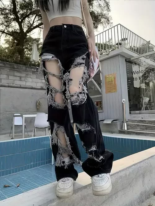 Vintage Jeans Style, Hipster Pants, Womens Ripped Jeans, Black Wide Leg Trousers, Women Y2k, Style Hip Hop, Loose Trousers, Jeans Fabric, Straight Trousers