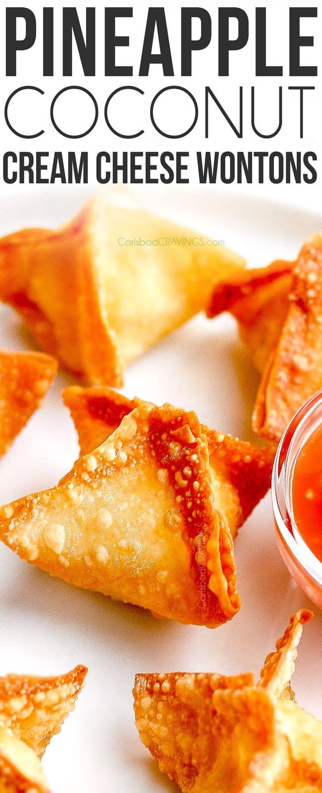 homemade creme cheese wontons on a plate with dipping sauce in the middle