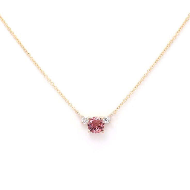 "14k Pink Tourmaline Diamond Necklace | 5.0MM Pink Tourmaline Pendant | Pink Tourmaline Charm | October Birthstone Necklace | Rose Gold | Birthday Gift P R O D U C T 𝄪 D E T A I L S ✽ October Birthstone. Powerful. Vivid. Energetic ✽ Metal: 14k Yellow Gold, White Gold & Rose Gold ✽ Chain Length: 14\" - 20\" (Classic Rolo Chain) ✽ Center Stone: 5.0 mm Natural Pink Tourmaline (approx. 0.5ct) ✽ Diamond Size: 2.0 mm x 2pcs (total 0.06ct) ✽ Diamond Color: G ✽ Diamond Clarity: VS-SI1 ✽ Made to Order O Gold Necklace With Pink, Luxury Pink Birthstone Necklace, Gold Necklace With Pink Stone, Pink Diamond Pendant, Gold And Pink Necklace, Pink Morganite Gemstone Necklace, Pink Diamond Necklace, Pink Tourmaline Necklace, Pink Pendant Necklace