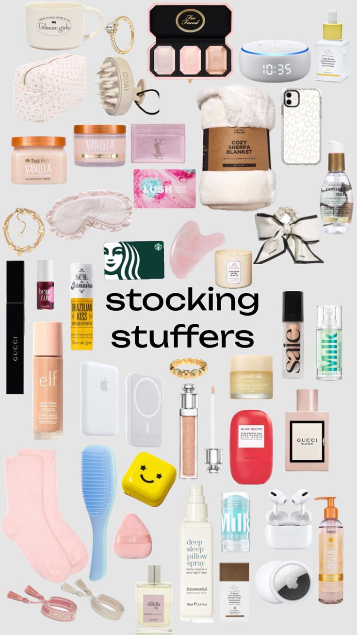 a poster with the words stocking stuff on it and many different items surrounding it